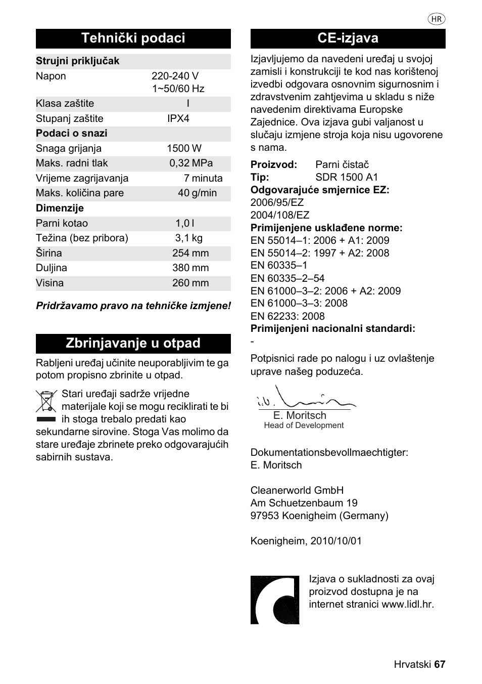 Tehnički podaci, Zbrinjavanje u otpad ce-izjava | Silvercrest SDR 1500 A1 User Manual | Page 67 / 80