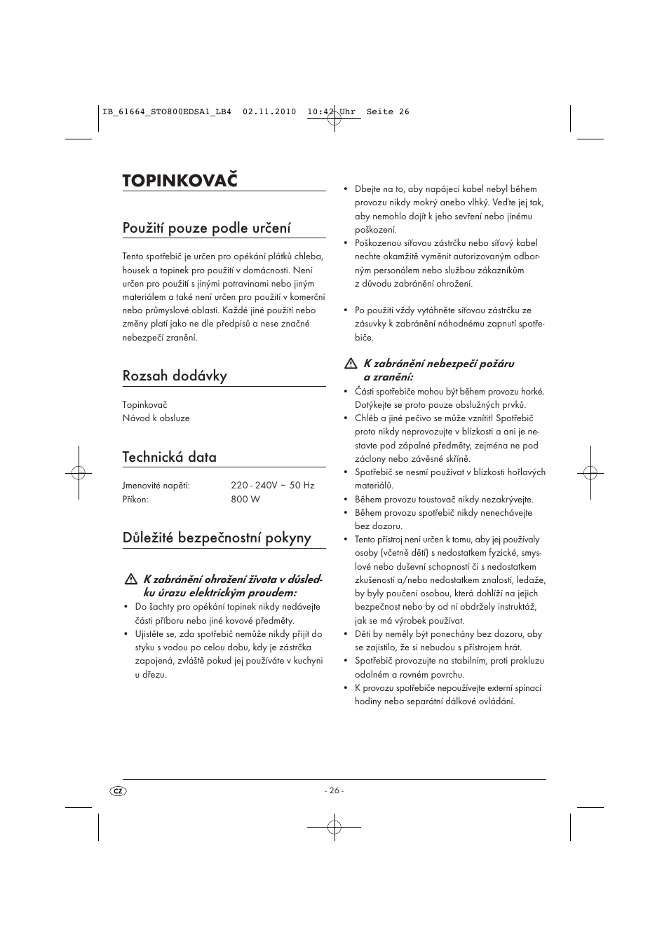 Topinkovač, Použití pouze podle určení, Rozsah dodávky | Technická data, Důležité bezpečnostní pokyny | Silvercrest STO 800 EDS A1 User Manual | Page 28 / 38