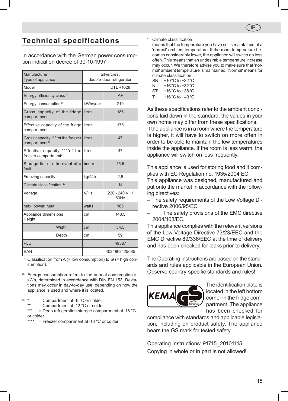 Technical specifications, 15 ie | Silvercrest DTL + 1026 User Manual | Page 15 / 18