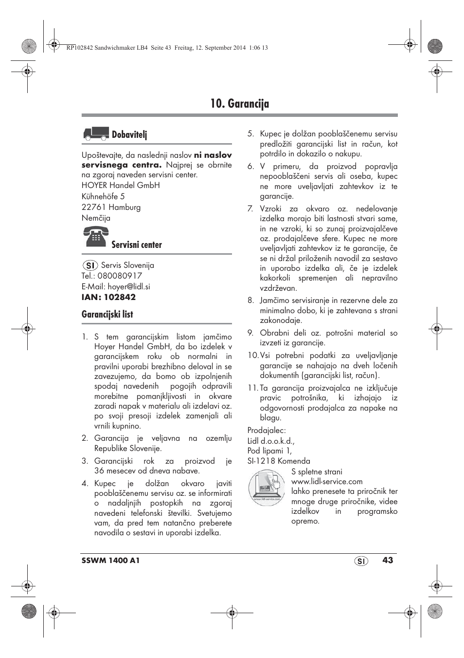 Garancija, Dobavitelj, Servisni center | Garancijski list | Silvercrest SSWM 1400 A1 User Manual | Page 45 / 78
