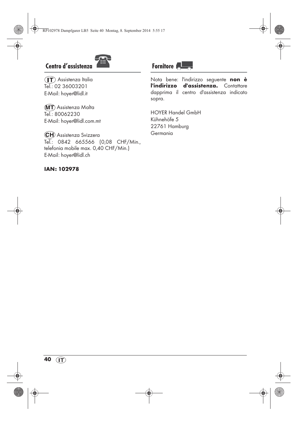 Centro d’assistenza, Fornitore | Silvercrest SDG 800 B2 User Manual | Page 42 / 98