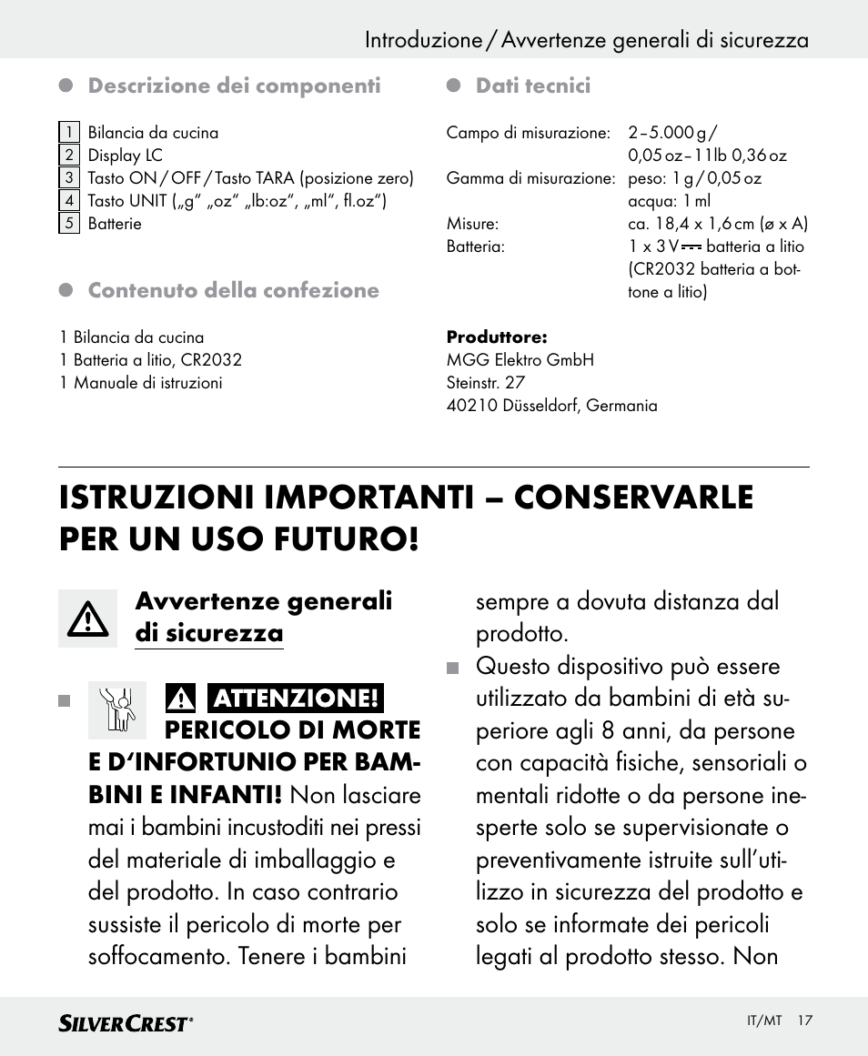 Introduzione / avvertenze generali di sicurezza | Silvercrest SKWD B1 User Manual | Page 17 / 52
