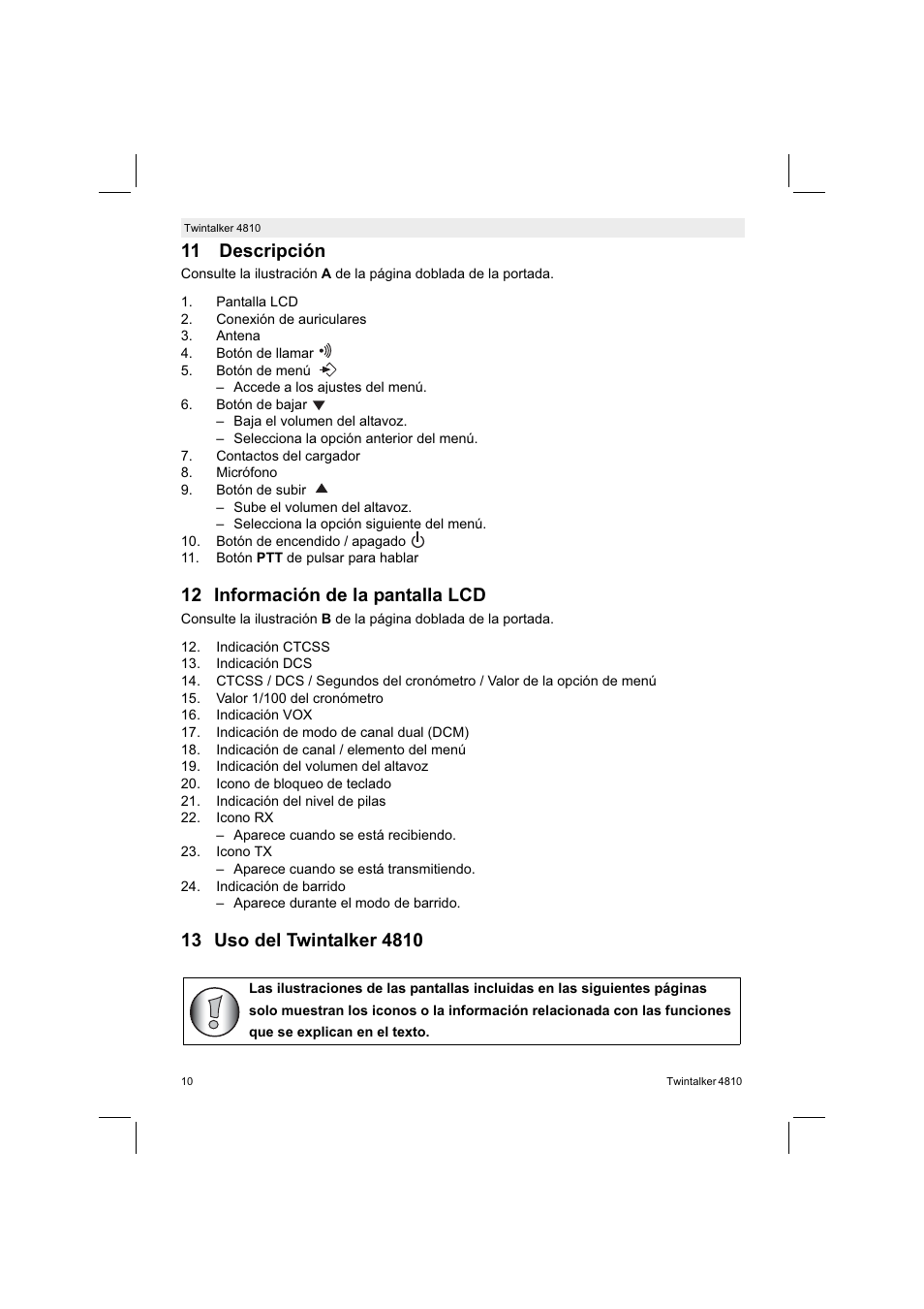 11 descripción, 12 información de la pantalla lcd | Silvercrest TWINTALKER 4810 User Manual | Page 10 / 96