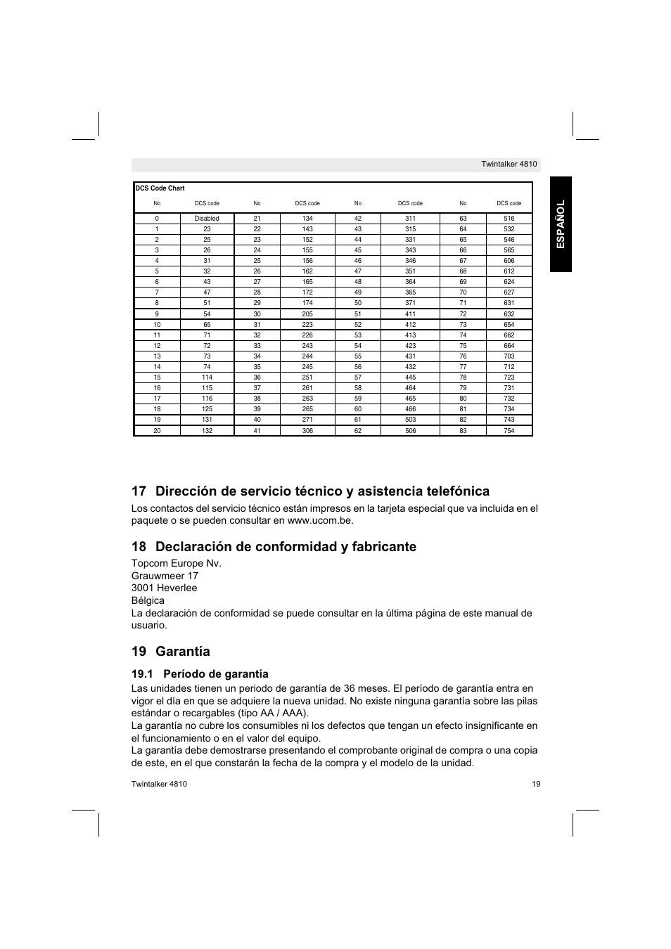 18 declaración de conformidad y fabricante, 19 garantía, 1 período de garantía | Español | Silvercrest TWINTALKER 4810 User Manual | Page 19 / 96