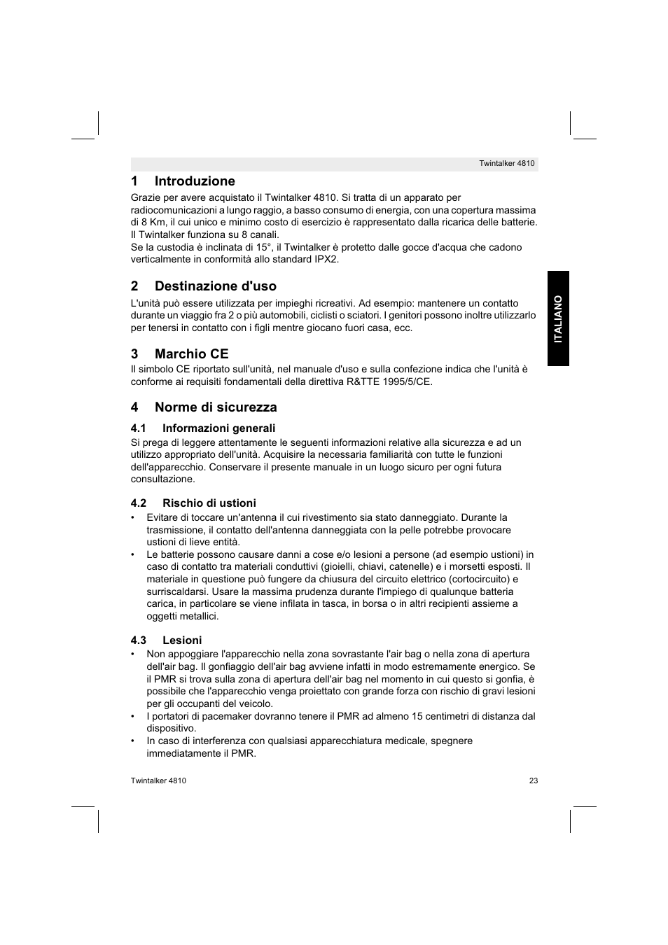 1introduzione, 2destinazione d'uso, 3marchio ce | 4norme di sicurezza | Silvercrest TWINTALKER 4810 User Manual | Page 23 / 96