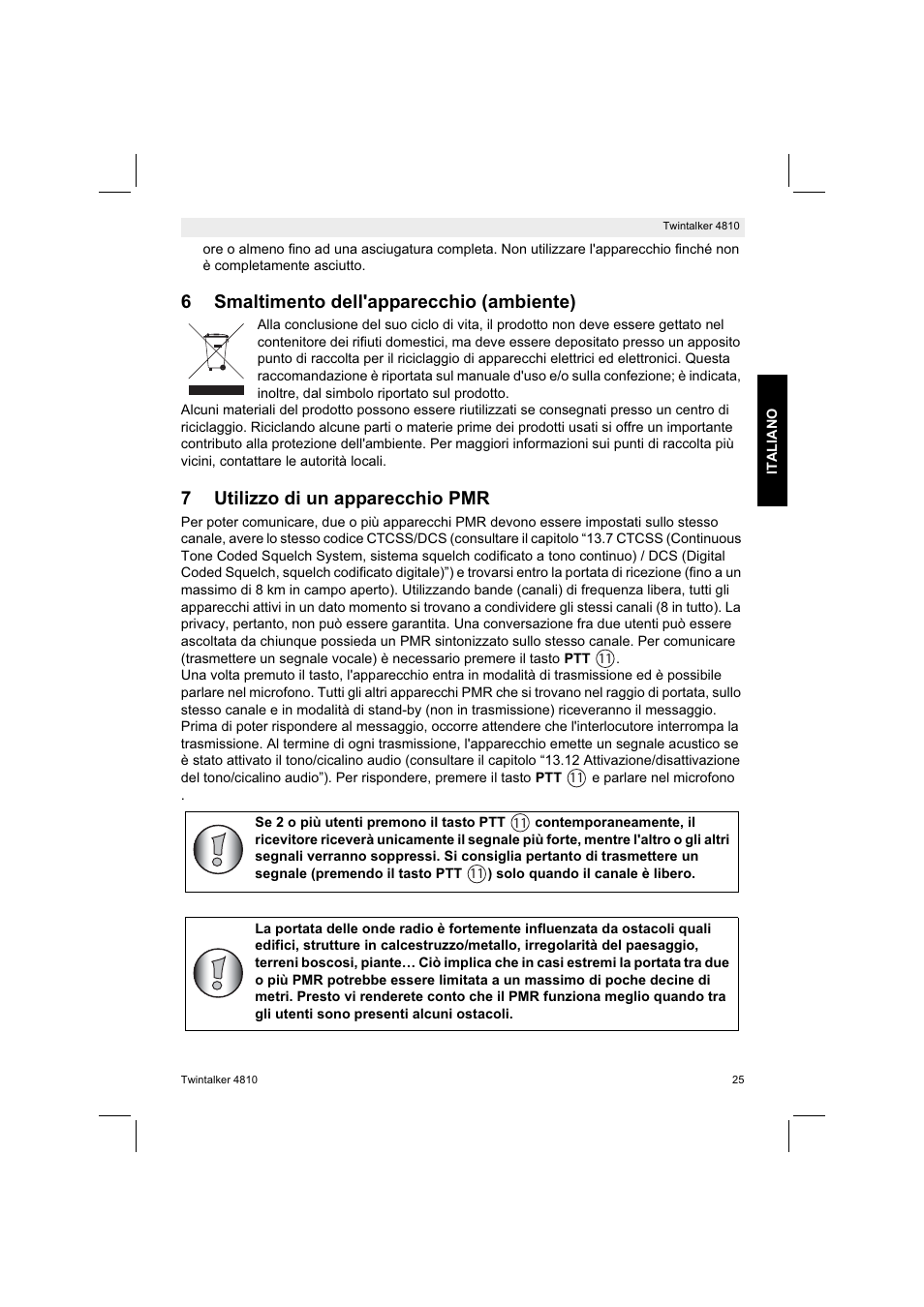6smaltimento dell'apparecchio (ambiente), 7utilizzo di un apparecchio pmr | Silvercrest TWINTALKER 4810 User Manual | Page 25 / 96