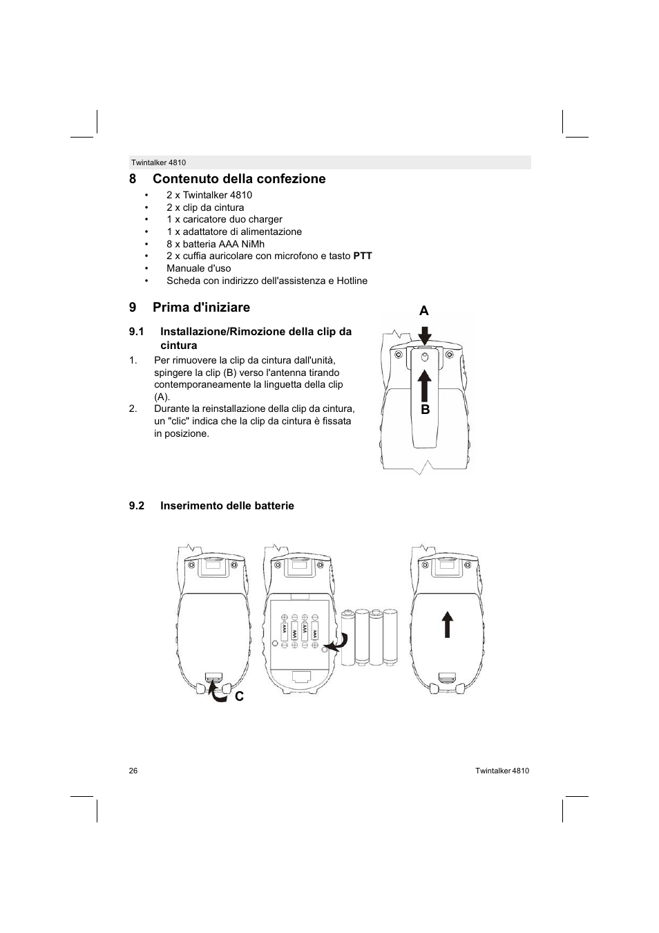 8contenuto della confezione, 9prima d'iniziare, Ab c | Silvercrest TWINTALKER 4810 User Manual | Page 26 / 96