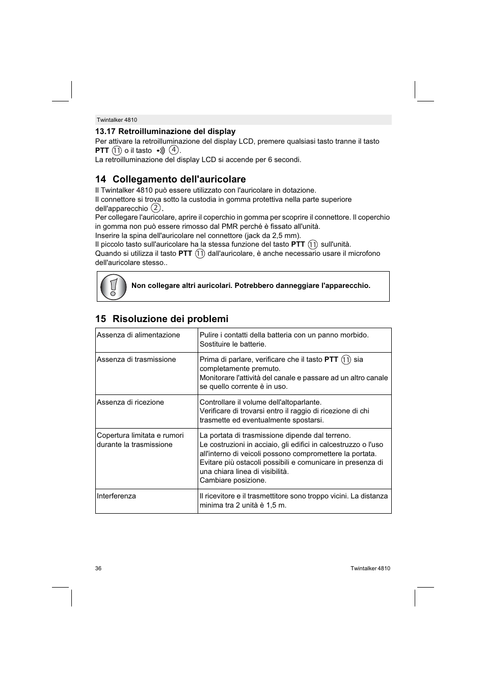 14 collegamento dell'auricolare, 15 risoluzione dei problemi | Silvercrest TWINTALKER 4810 User Manual | Page 36 / 96