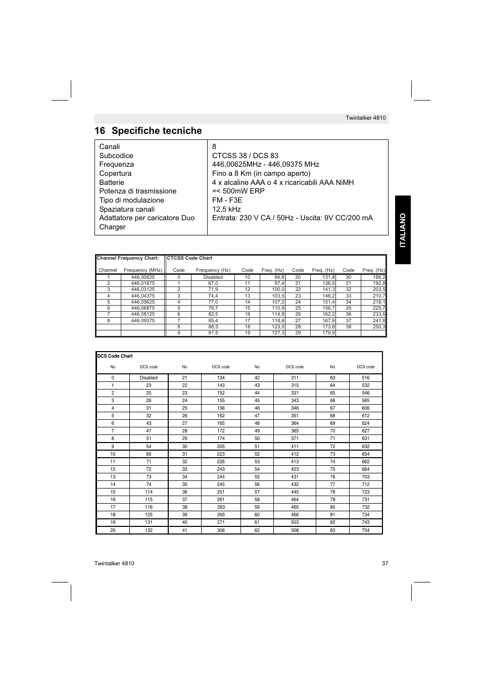 16 specifiche tecniche, Italiano | Silvercrest TWINTALKER 4810 User Manual | Page 37 / 96
