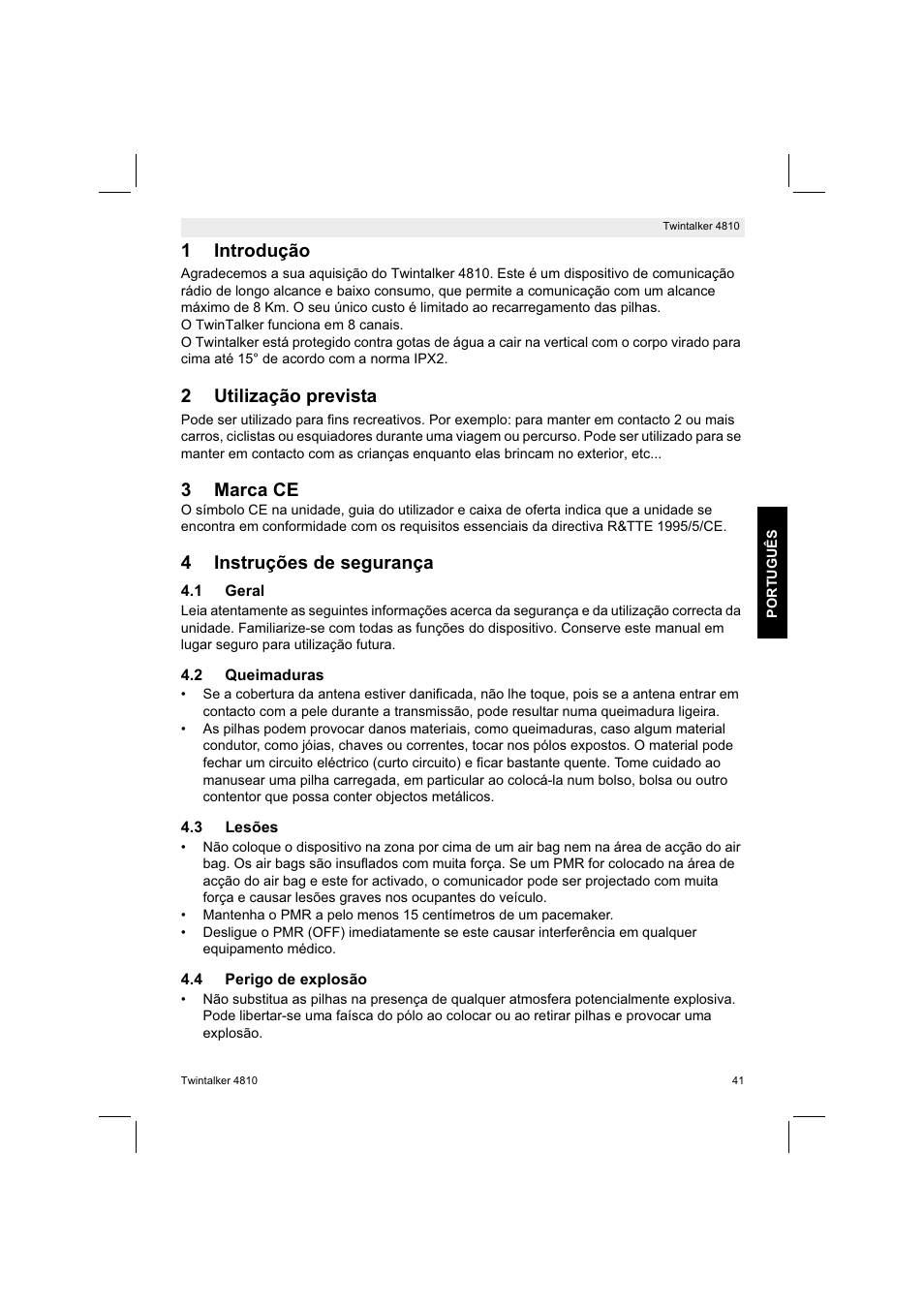 1introdução, 2utilização prevista, 3marca ce | 4instruções de segurança | Silvercrest TWINTALKER 4810 User Manual | Page 41 / 96