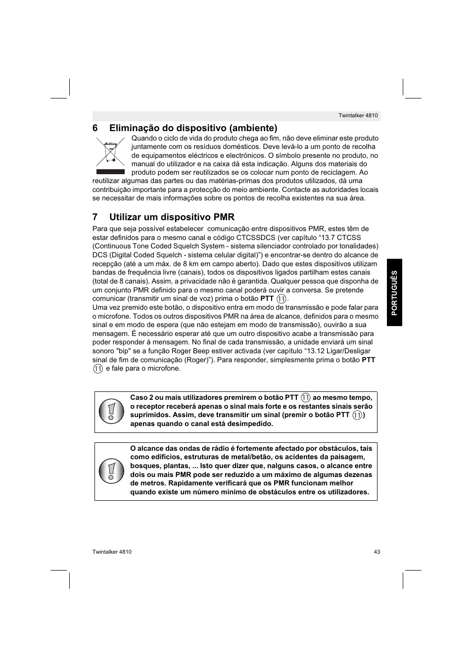6eliminação do dispositivo (ambiente), 7utilizar um dispositivo pmr | Silvercrest TWINTALKER 4810 User Manual | Page 43 / 96