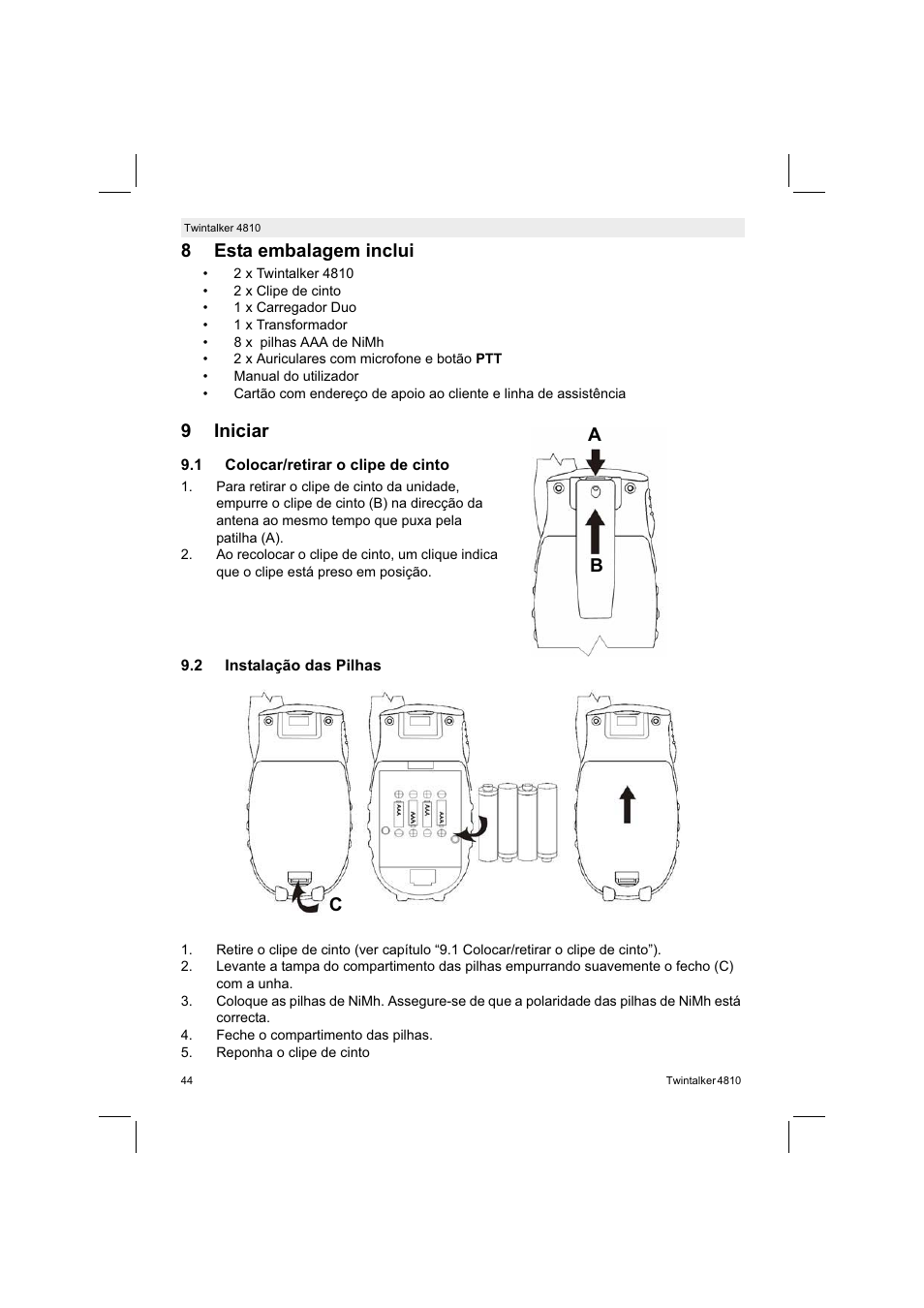 8esta embalagem inclui, 9iniciar, Ab c | Silvercrest TWINTALKER 4810 User Manual | Page 44 / 96