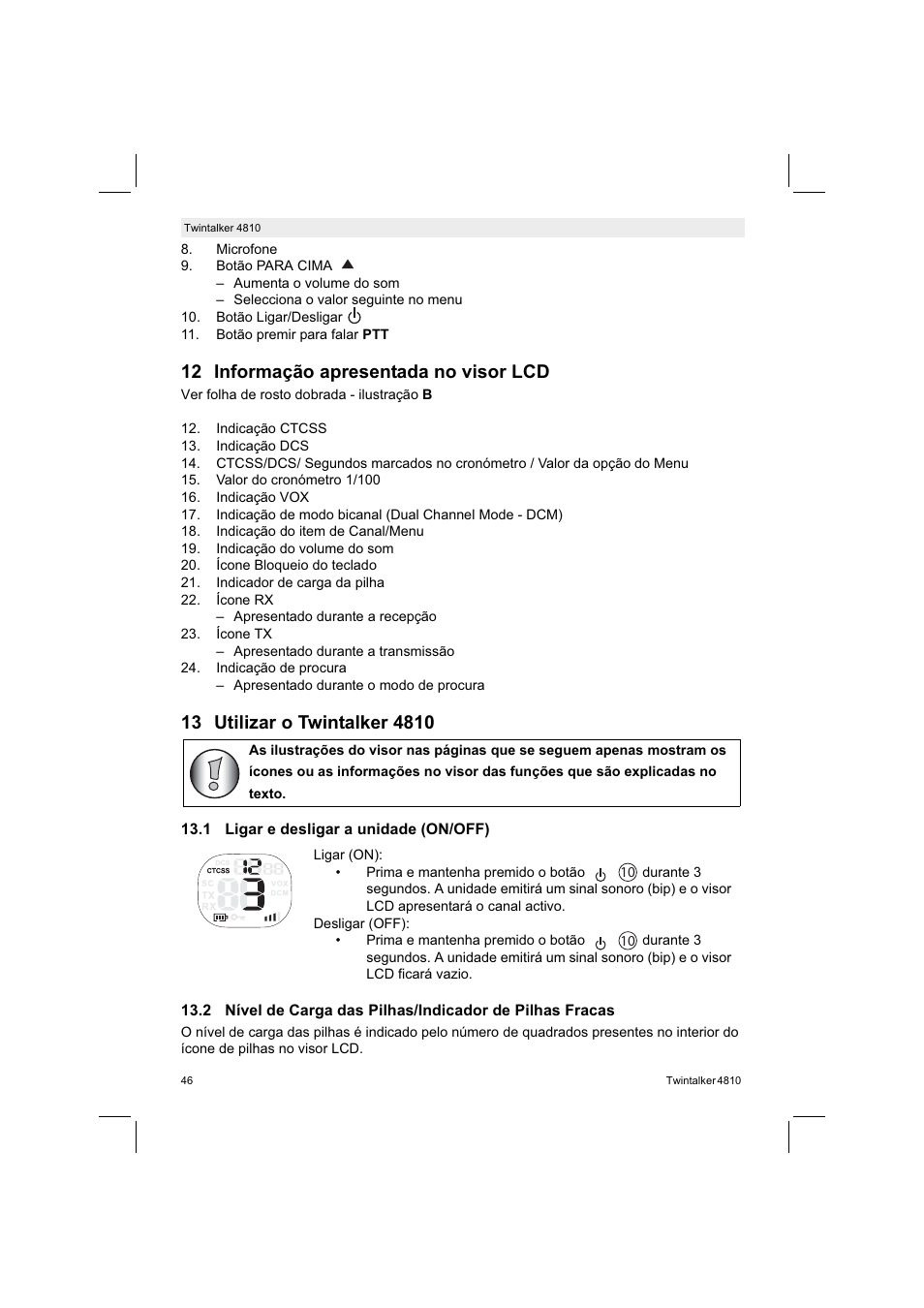 12 informação apresentada no visor lcd | Silvercrest TWINTALKER 4810 User Manual | Page 46 / 96