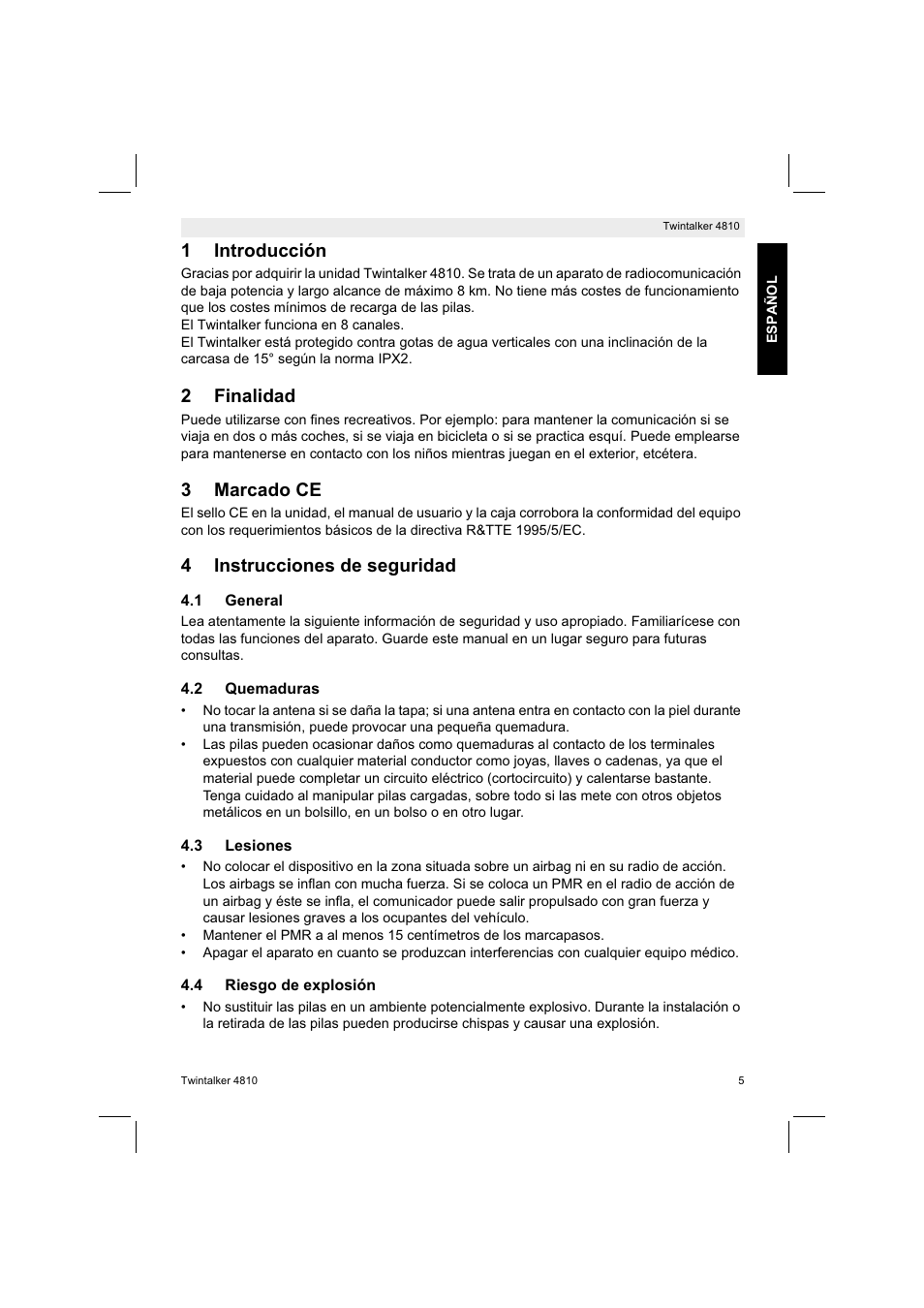 1introducción, 2finalidad, 3marcado ce | 4instrucciones de seguridad | Silvercrest TWINTALKER 4810 User Manual | Page 5 / 96