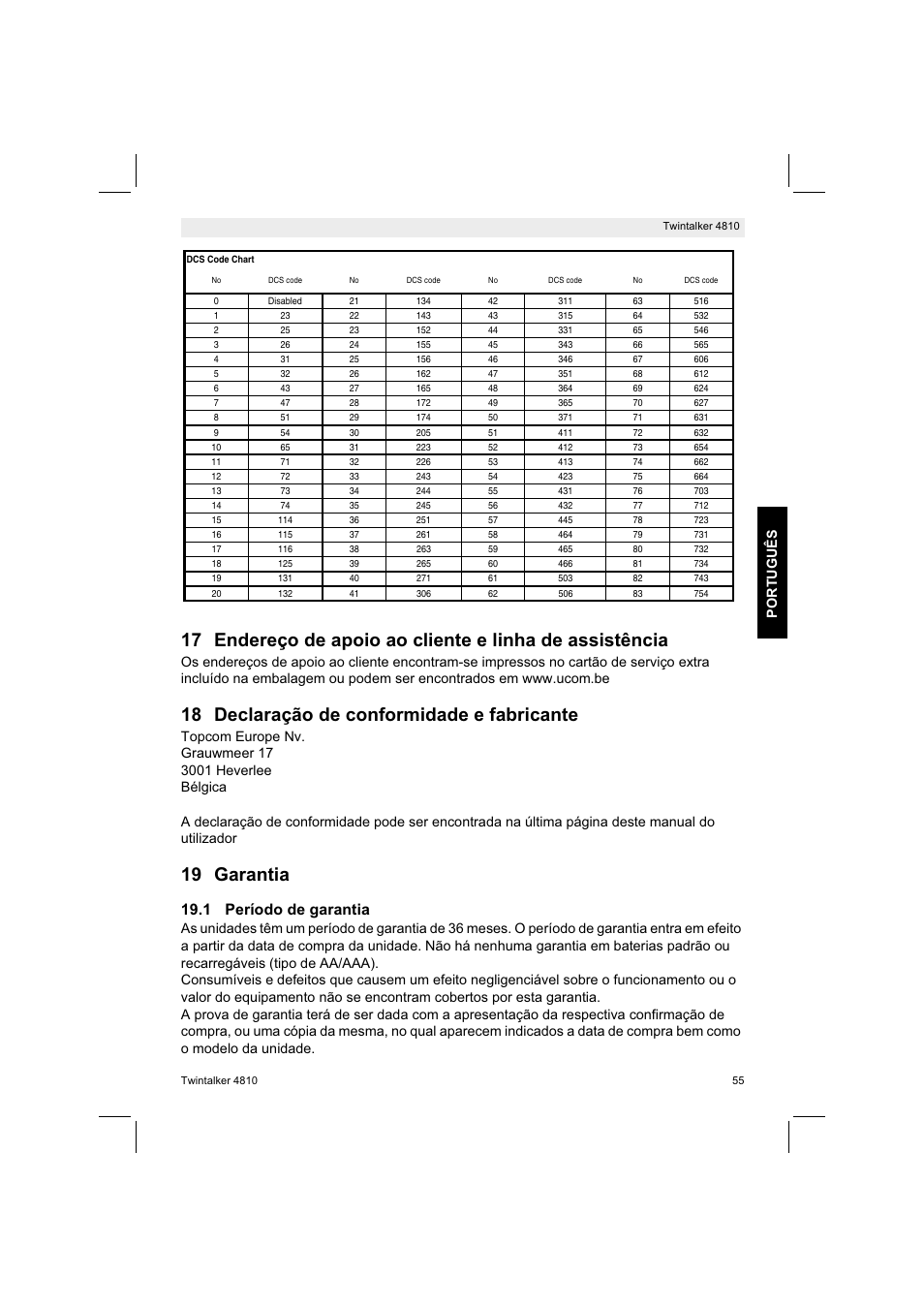 18 declaração de conformidade e fabricante, 19 garantia, 1 período de garantia | Português | Silvercrest TWINTALKER 4810 User Manual | Page 55 / 96