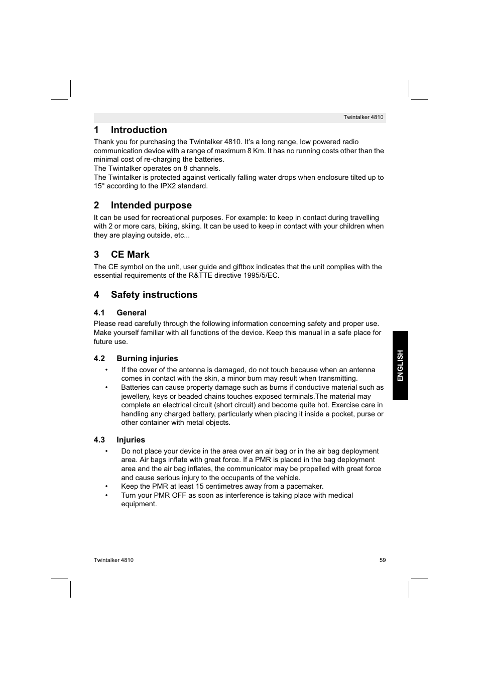 1introduction, 2intended purpose, 3ce mark | 4safety instructions | Silvercrest TWINTALKER 4810 User Manual | Page 59 / 96