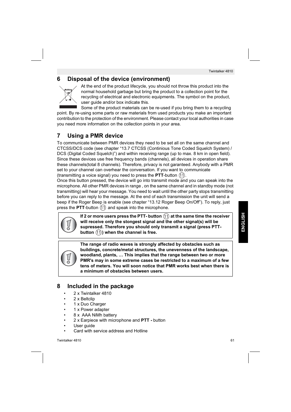 6disposal of the device (environment), 7using a pmr device, 8included in the package | Silvercrest TWINTALKER 4810 User Manual | Page 61 / 96