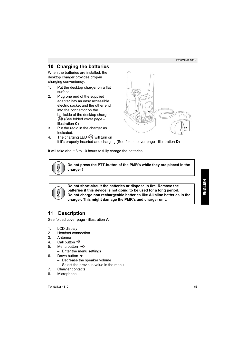 10 charging the batteries, 11 description | Silvercrest TWINTALKER 4810 User Manual | Page 63 / 96