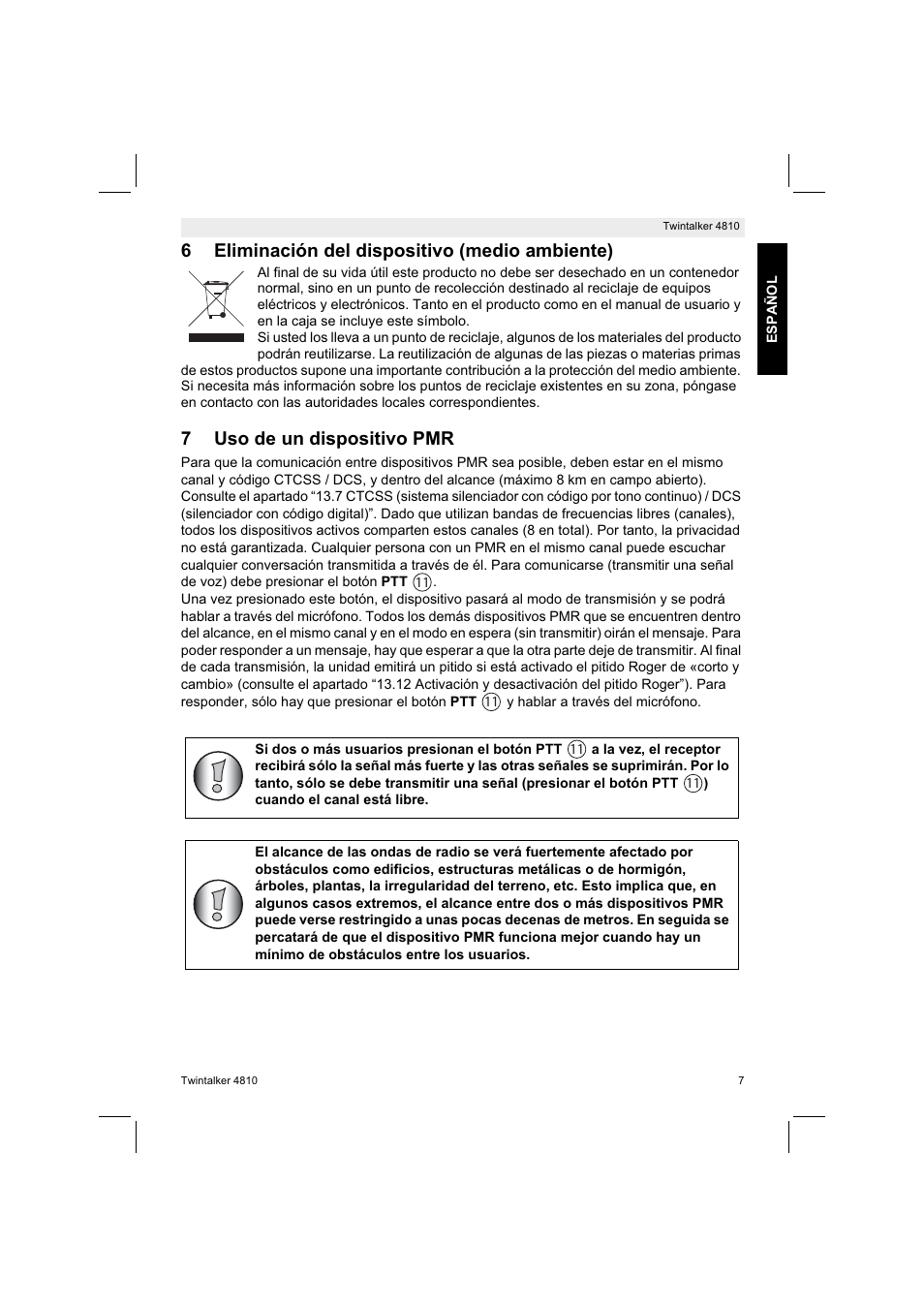6eliminación del dispositivo (medio ambiente), 7uso de un dispositivo pmr | Silvercrest TWINTALKER 4810 User Manual | Page 7 / 96