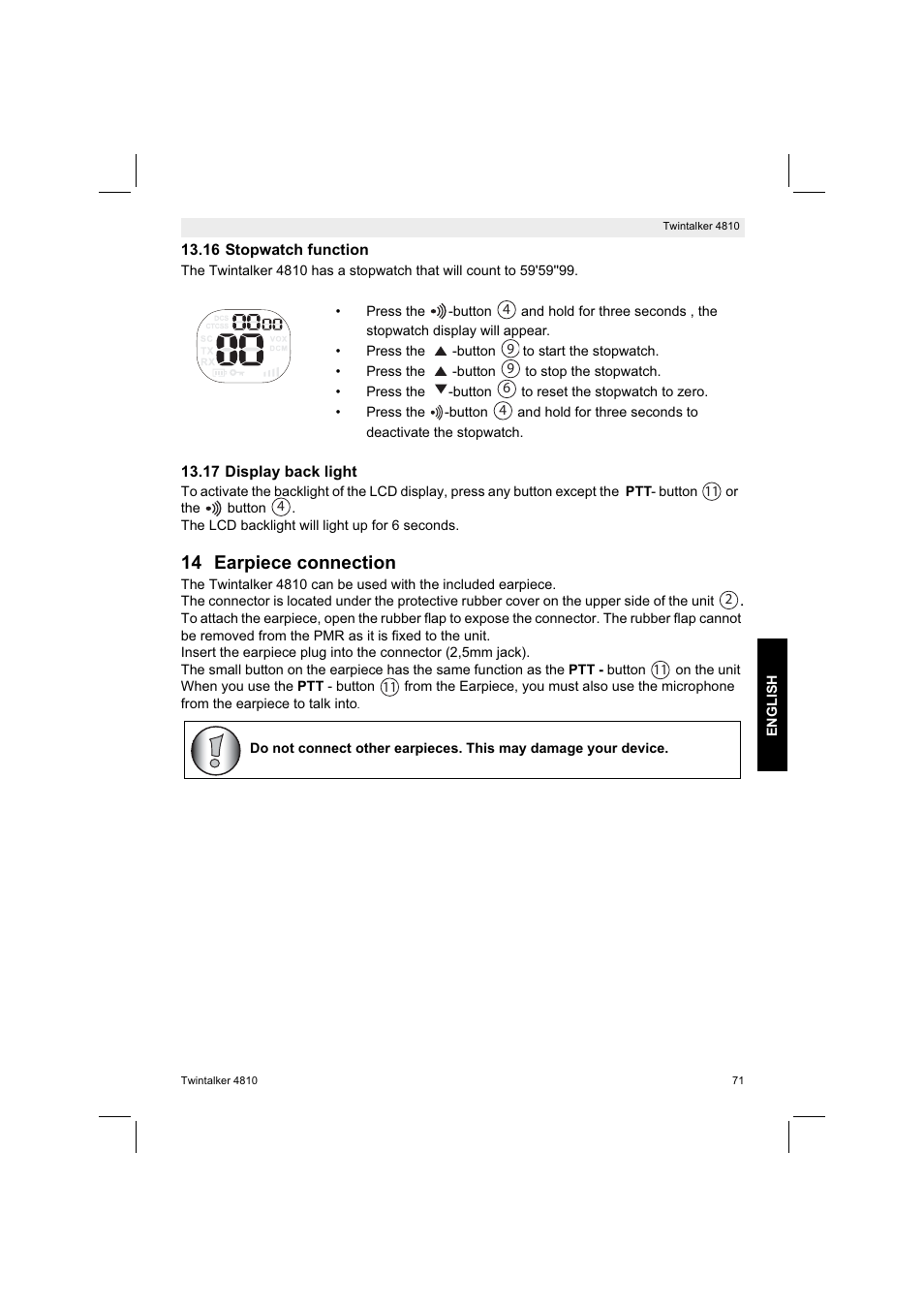 14 earpiece connection | Silvercrest TWINTALKER 4810 User Manual | Page 71 / 96