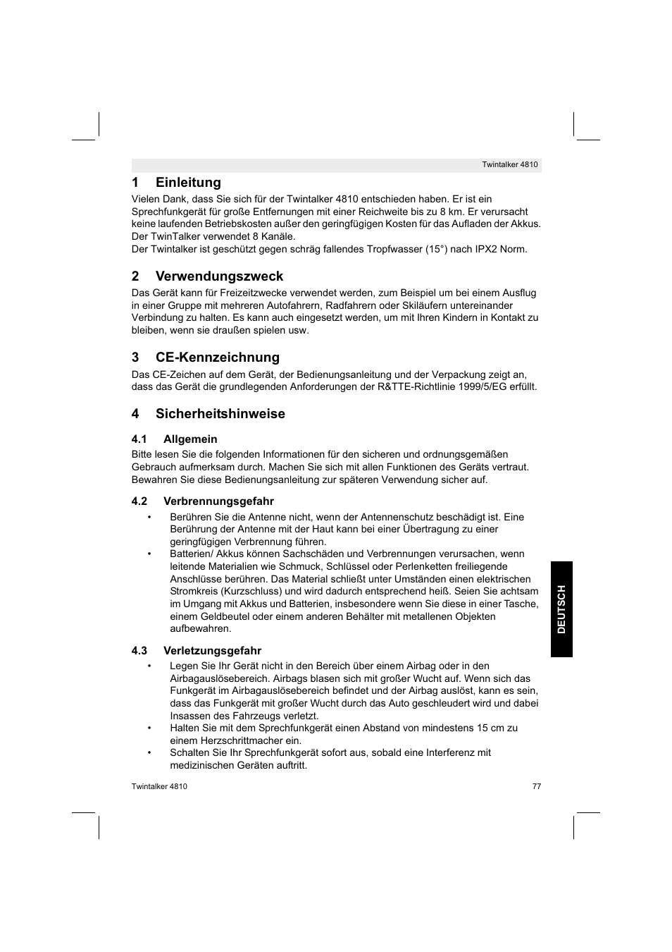 1einleitung, 2verwendungszweck, 3ce-kennzeichnung | 4sicherheitshinweise | Silvercrest TWINTALKER 4810 User Manual | Page 77 / 96