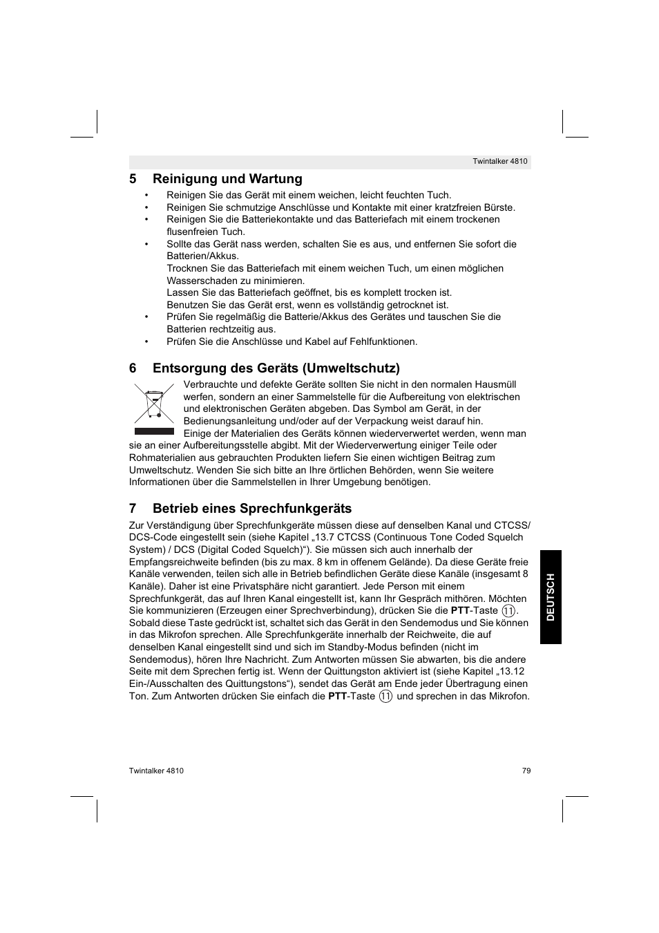 5reinigung und wartung, 6entsorgung des geräts (umweltschutz), 7betrieb eines sprechfunkgeräts | Silvercrest TWINTALKER 4810 User Manual | Page 79 / 96