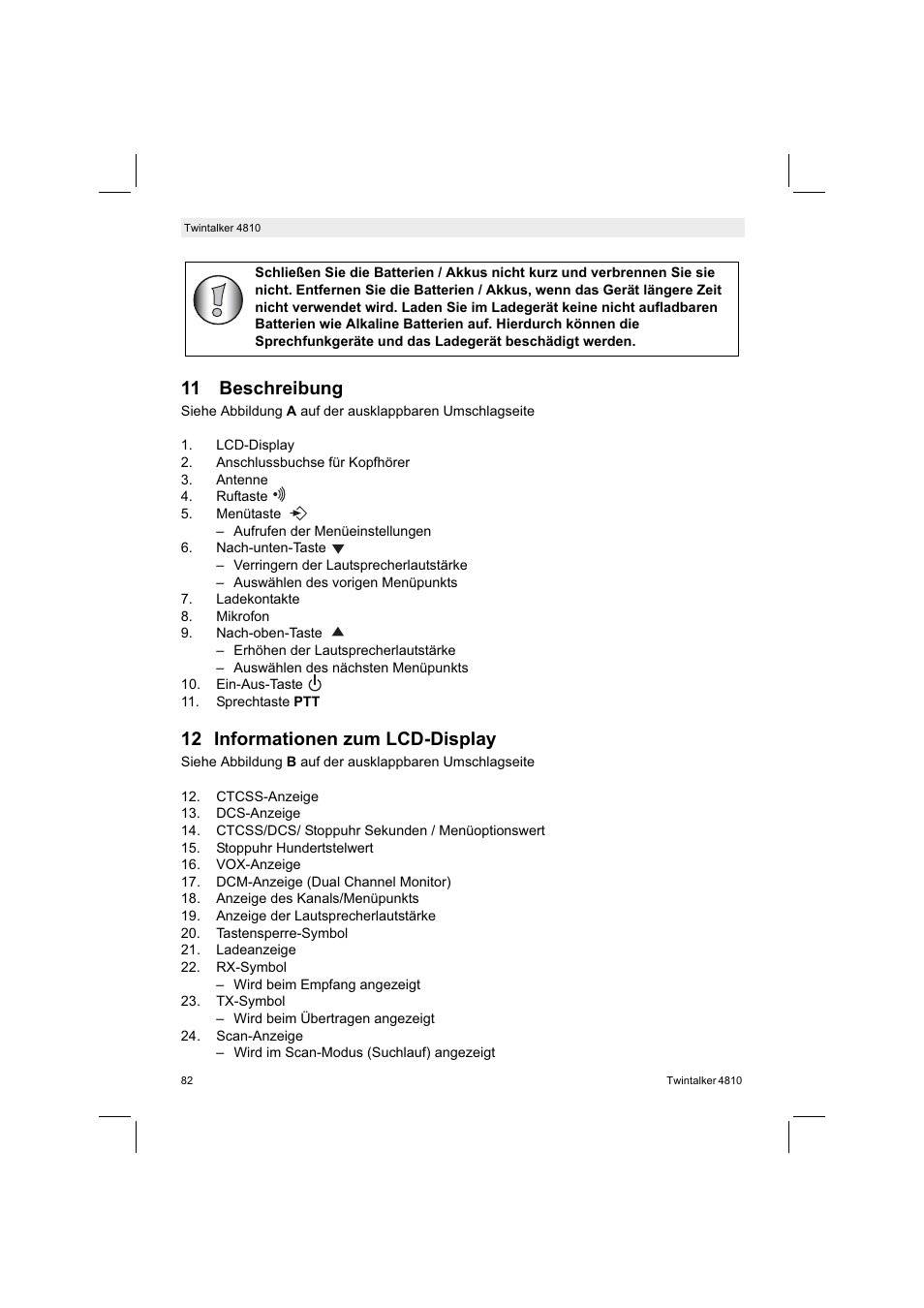 11 beschreibung, 12 informationen zum lcd-display | Silvercrest TWINTALKER 4810 User Manual | Page 82 / 96