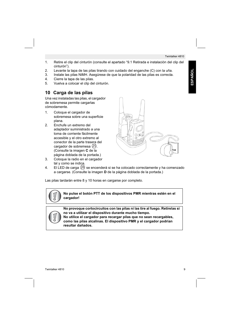 10 carga de las pilas | Silvercrest TWINTALKER 4810 User Manual | Page 9 / 96