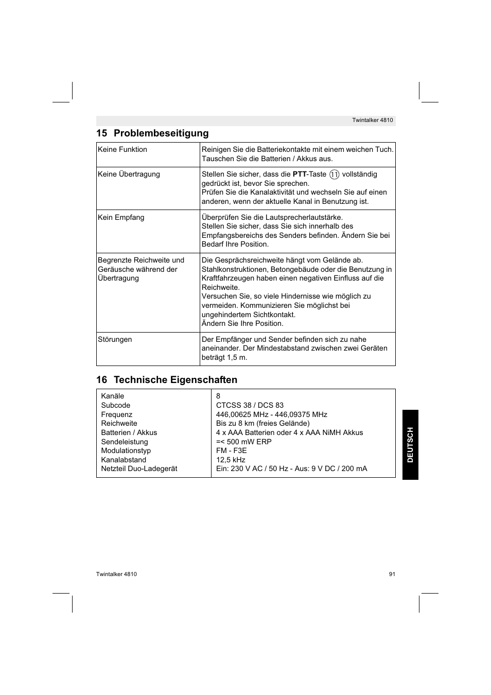 15 problembeseitigung 16 technische eigenschaften | Silvercrest TWINTALKER 4810 User Manual | Page 91 / 96