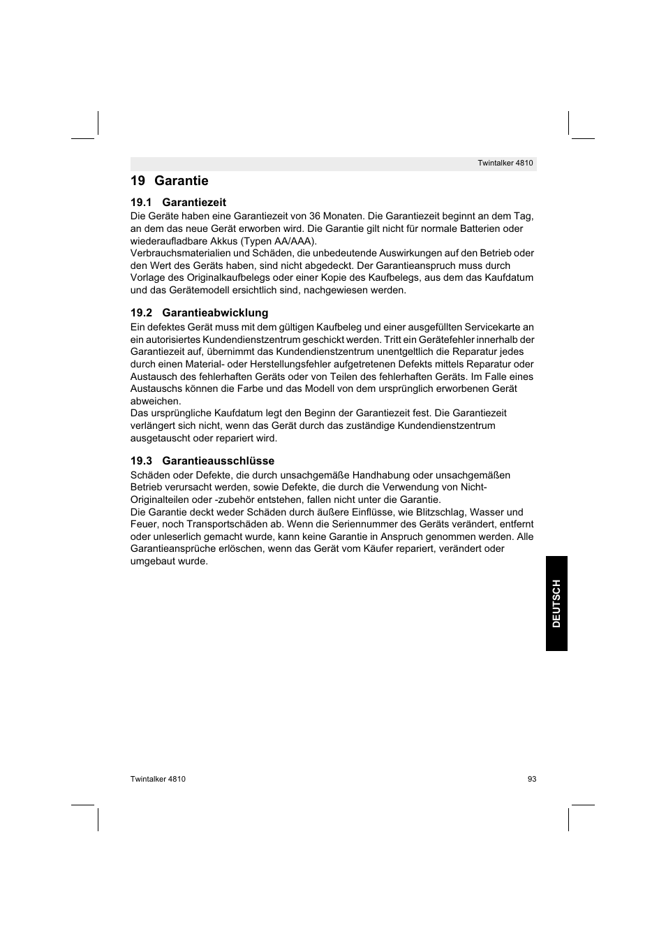19 garantie | Silvercrest TWINTALKER 4810 User Manual | Page 93 / 96