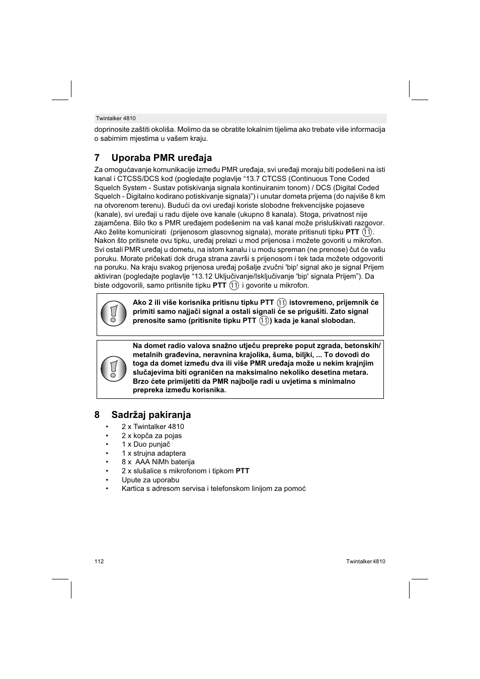 7uporaba pmr ureaja, 8sadržaj pakiranja | Silvercrest TWINTALKER 4810 User Manual | Page 112 / 148