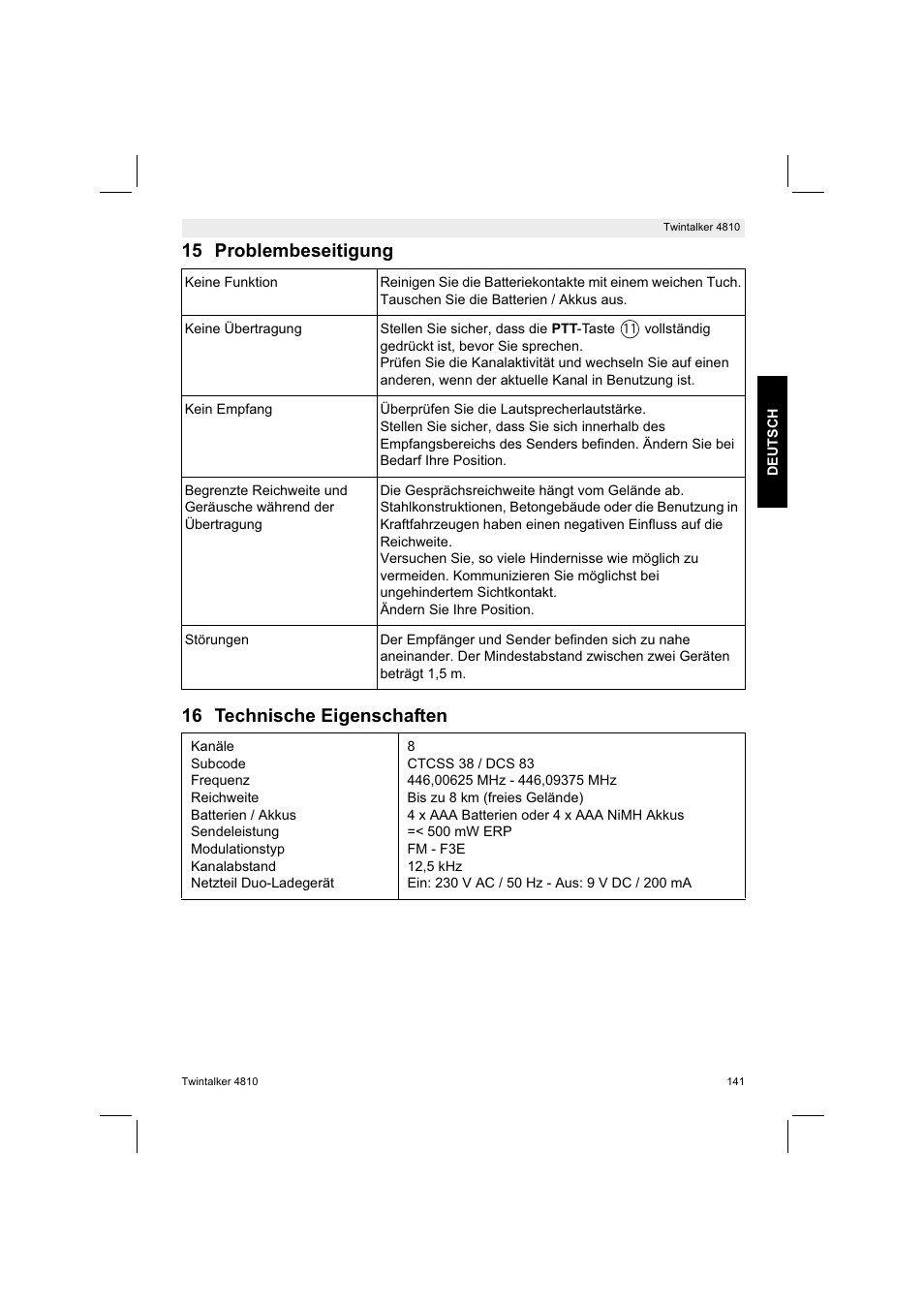 15 problembeseitigung 16 technische eigenschaften | Silvercrest TWINTALKER 4810 User Manual | Page 141 / 148
