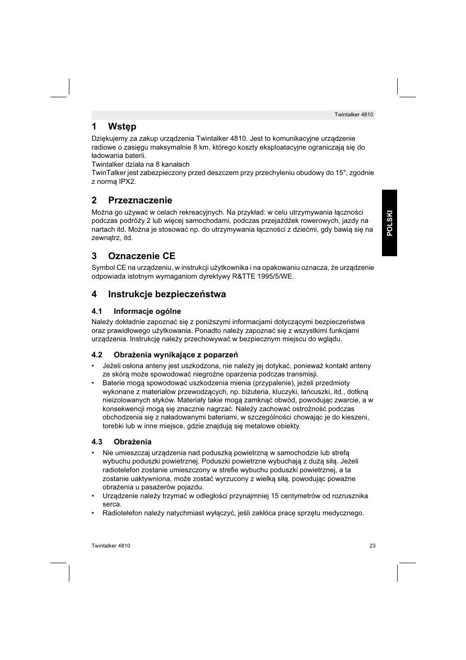 1wstp, 2przeznaczenie, 3oznaczenie ce | 4instrukcje bezpieczestwa | Silvercrest TWINTALKER 4810 User Manual | Page 23 / 148