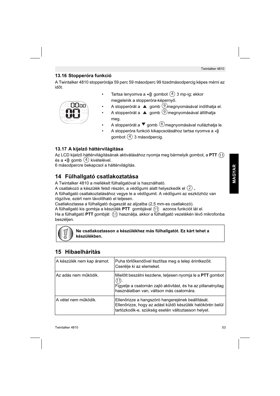 14 fülhallgató csatlakoztatása, 15 hibaelhárítás | Silvercrest TWINTALKER 4810 User Manual | Page 53 / 148