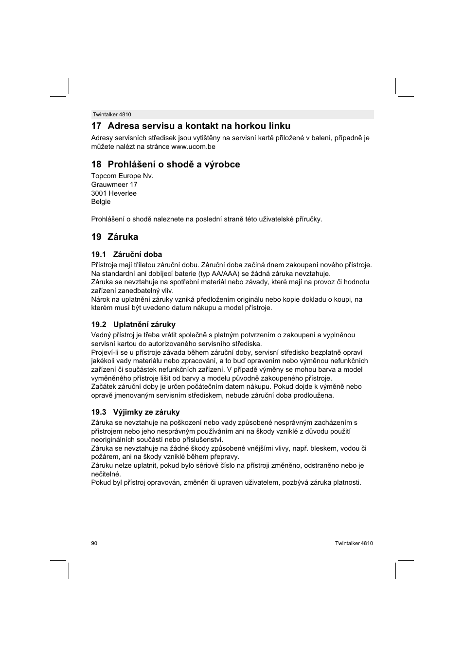 17 adresa servisu a kontakt na horkou linku, 18 prohlášení o shod a výrobce, 19 záruka | Silvercrest TWINTALKER 4810 User Manual | Page 90 / 148