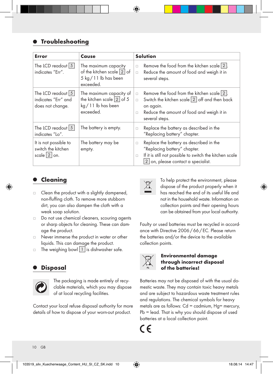 Cleaning, Disposal, Troubleshooting | Silvercrest H14271A/H14271B/H14271C User Manual | Page 10 / 56