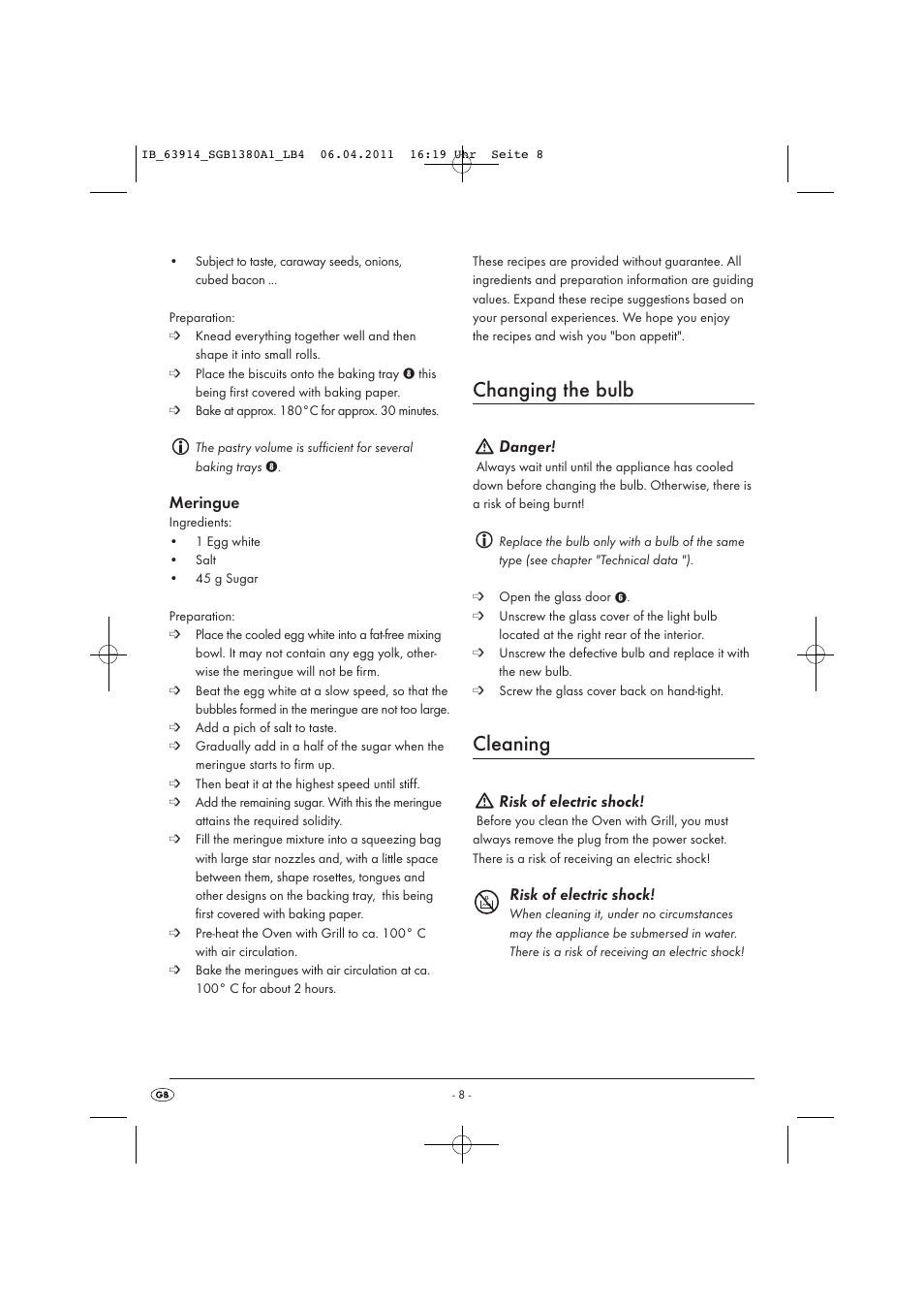 Changing the bulb, Cleaning, Meringue | Danger, Risk of electric shock | Silvercrest SGB 1380 B2 User Manual | Page 10 / 86