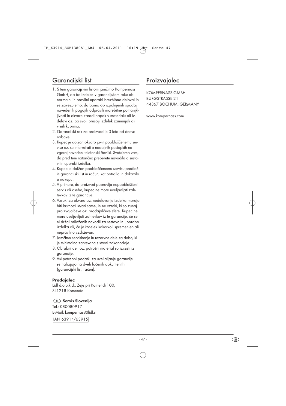 Garancijski list, Proizvajalec | Silvercrest SGB 1380 B2 User Manual | Page 49 / 86