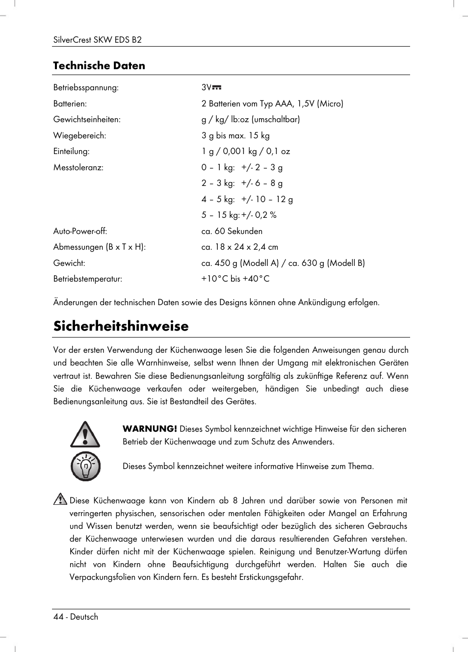 Sicherheitshinweise, Technische daten | Silvercrest SKW EDS B2 User Manual | Page 46 / 54