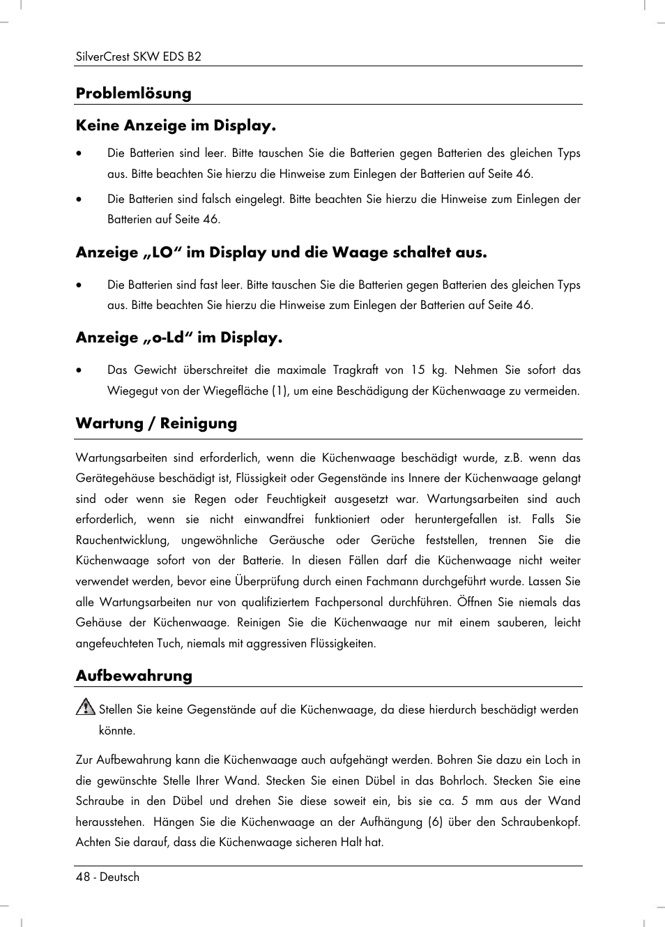 Problemlösung keine anzeige im display, Anzeige „lo“ im display und die waage schaltet aus, Anzeige „o-ld“ im display | Wartung / reinigung, Aufbewahrung | Silvercrest SKW EDS B2 User Manual | Page 50 / 54