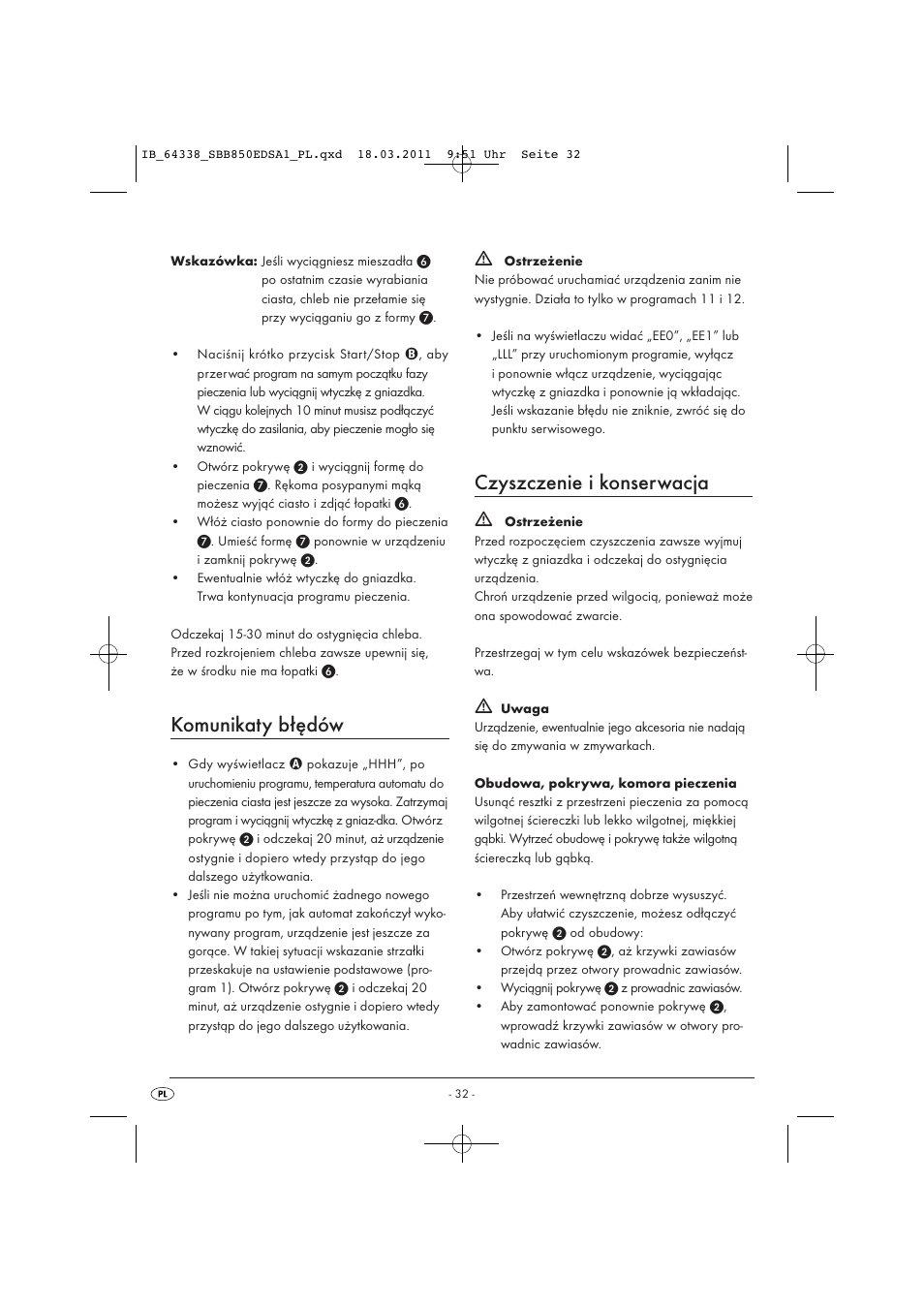 Komunikaty błędów, Czyszczenie i konserwacja | Silvercrest SBB 850 EDS A1 User Manual | Page 34 / 146