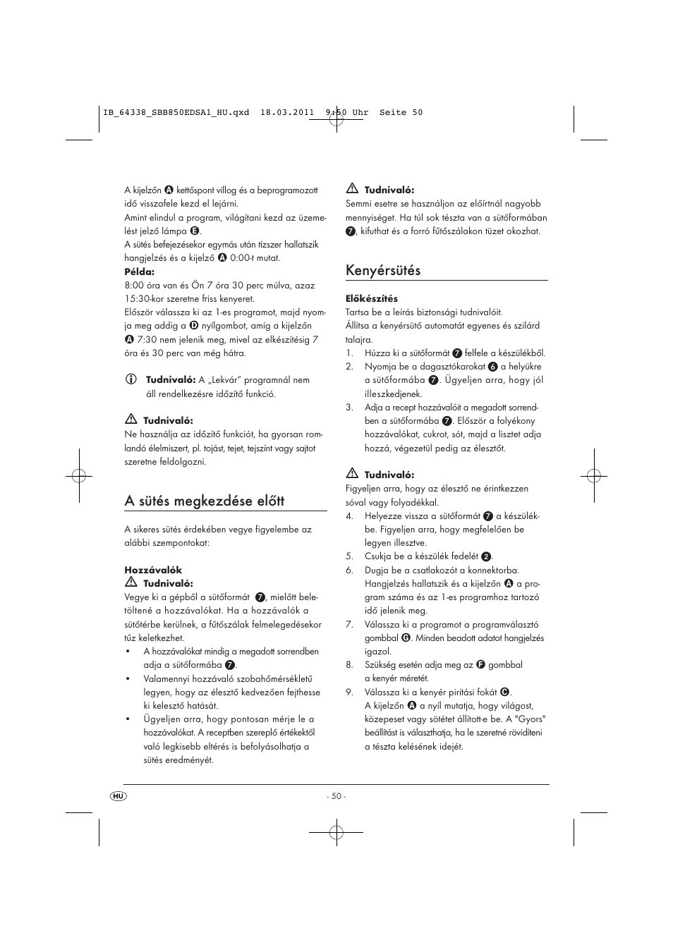 A sütés megkezdése előtt, Kenyérsütés | Silvercrest SBB 850 EDS A1 User Manual | Page 52 / 146