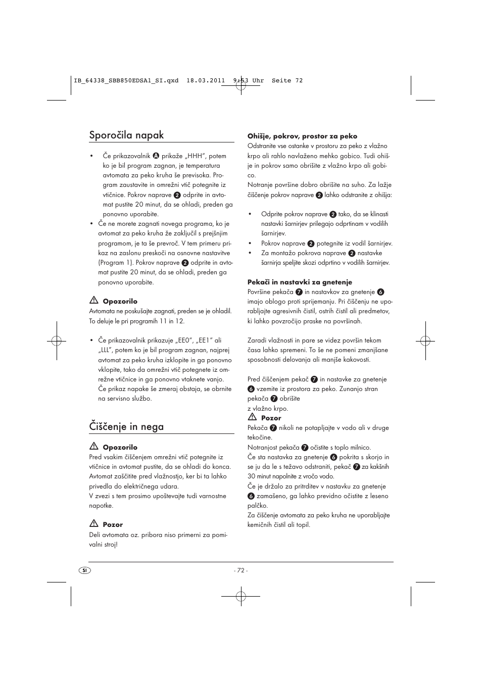 Sporočila napak, Čiščenje in nega | Silvercrest SBB 850 EDS A1 User Manual | Page 74 / 146