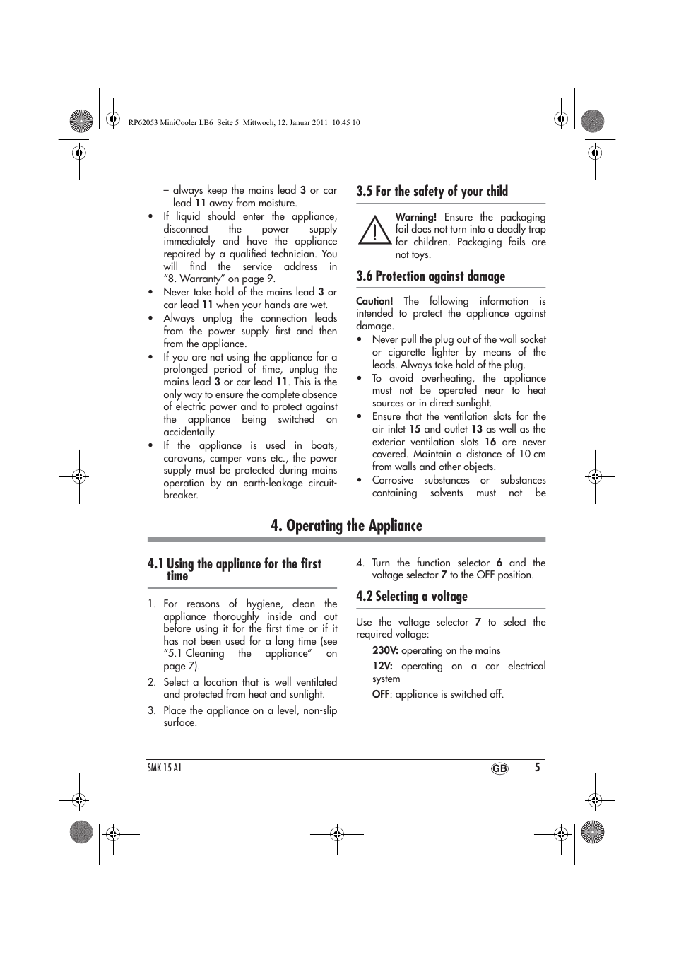 Operating the appliance, 5 for the safety of your child, 6 protection against damage | 1 using the appliance for the ﬁrst time, 2 selecting a voltage | Silvercrest SMK 15 A1 User Manual | Page 7 / 14