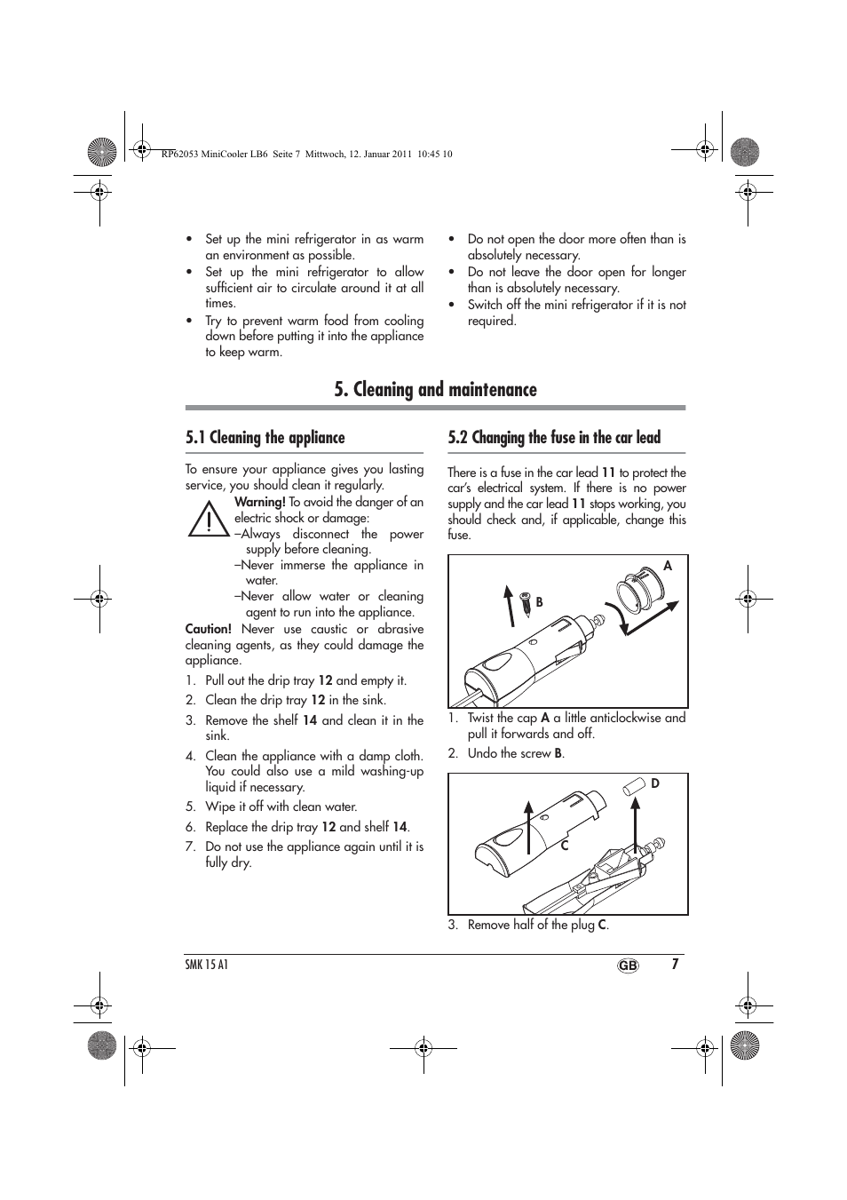 Cleaning and maintenance, 1 cleaning the appliance, 2 changing the fuse in the car lead | Silvercrest SMK 15 A1 User Manual | Page 9 / 14