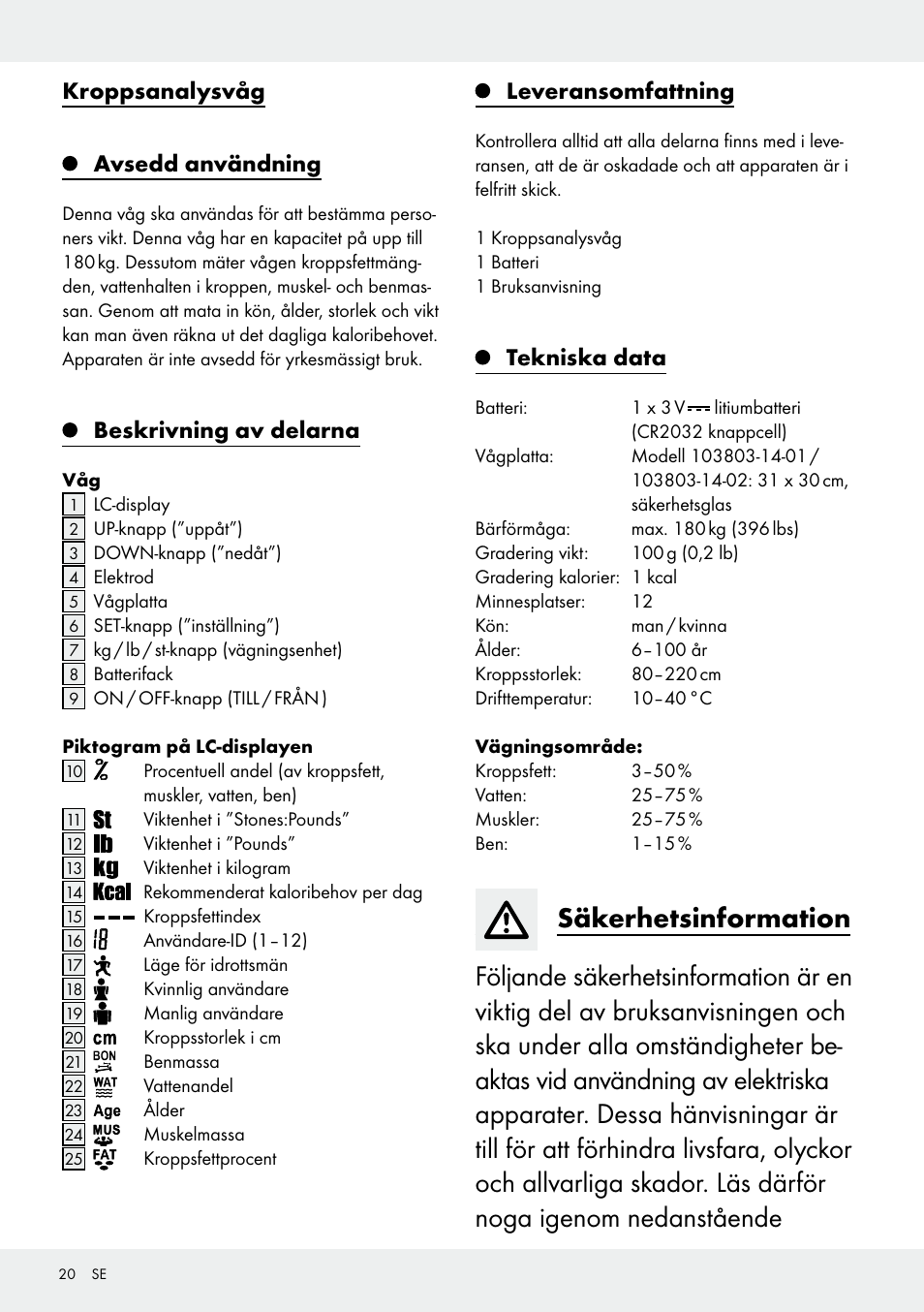 Kroppsanalysvåg avsedd användning, Beskrivning av delarna, Leveransomfattning | Tekniska data | Silvercrest 103803-14-01/103803-14-02 User Manual | Page 20 / 57