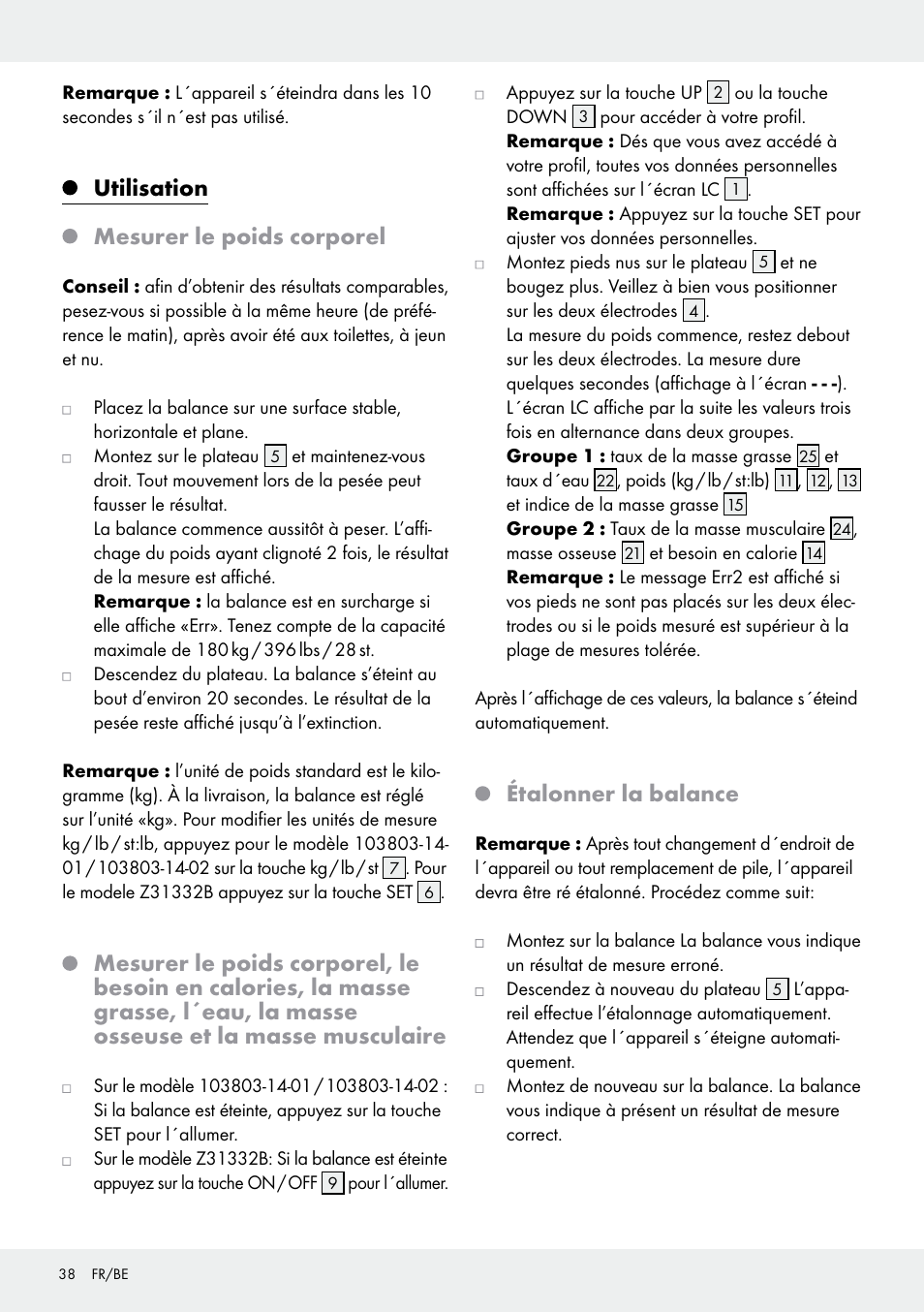 Utilisation mesurer le poids corporel, Étalonner la balance | Silvercrest 103803-14-01/103803-14-02 User Manual | Page 38 / 57
