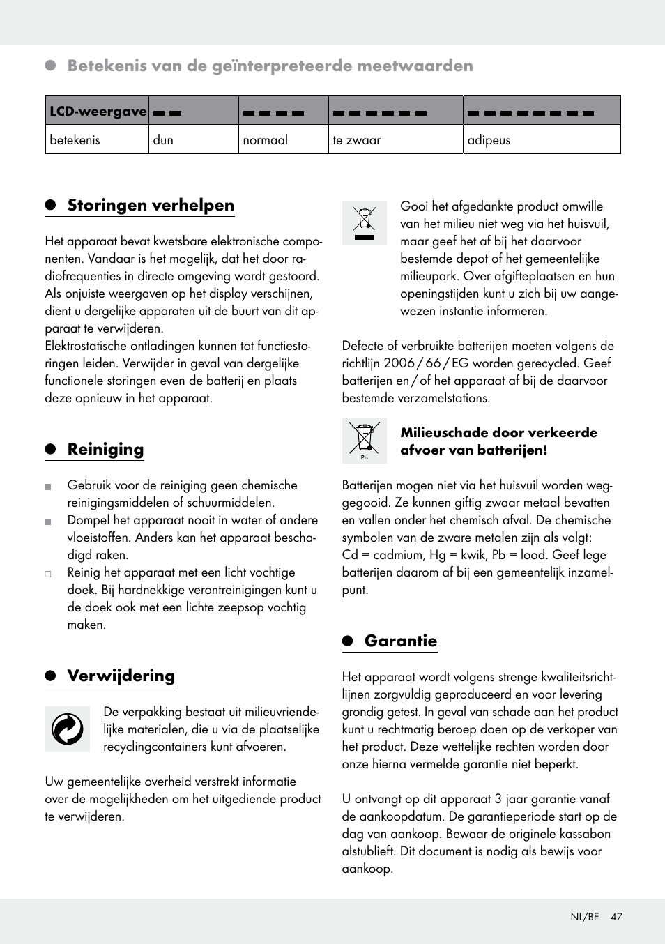 Betekenis van de geïnterpreteerde meetwaarden, Storingen verhelpen, Reiniging | Verwijdering, Garantie | Silvercrest 103803-14-01/103803-14-02 User Manual | Page 47 / 57