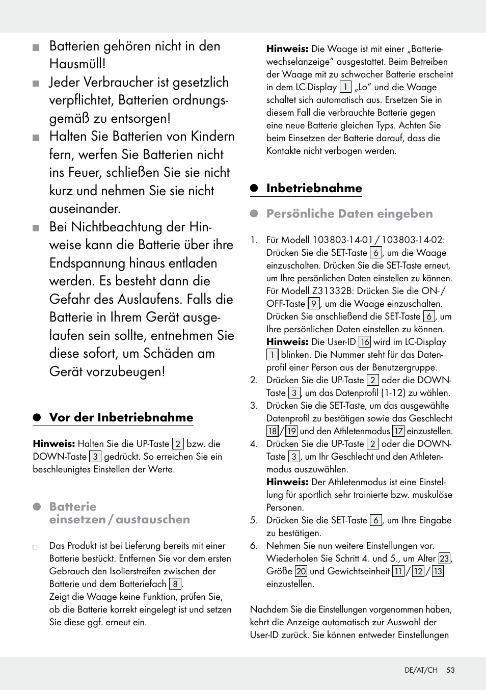 Vor der inbetriebnahme, Batterie einsetzen / austauschen, Inbetriebnahme persönliche daten eingeben | Silvercrest 103803-14-01/103803-14-02 User Manual | Page 53 / 57