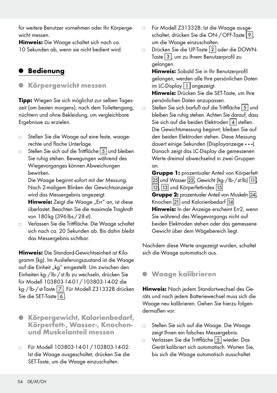 Bedienung körpergewicht messen, Waage kalibrieren | Silvercrest 103803-14-01/103803-14-02 User Manual | Page 54 / 57